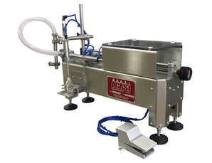 Semiautomatic inline 1 pistons filler machine pneumatic driven with independent adjustment for piston, model Minipiston 1SH, by Acasi Machinery Inc., left and front view..