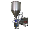 Semiautomatic inline 1 pistons filler machine pneumatic driven with independent adjustment for piston, model Minipiston 1SH, by Acasi Machinery Inc., right and front view