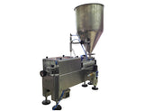 Semiautomatic inline 1 pistons filler machine pneumatic driven with independent adjustment for piston, model Minipiston 1SH, by Acasi Machinery Inc., left and back view