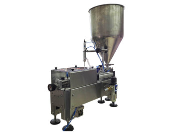 Semiautomatic inline 1 pistons filler machine pneumatic driven with independent adjustment for piston, model Minipiston 1SH, by Acasi Machinery Inc., left and back view