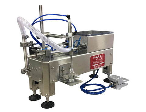 Semiautomatic inline 1 pistons filler machine pneumatic driven with independent adjustment for piston, model Minipiston 1SH, by Acasi Machinery Inc., right and front view.