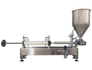 Semiautomatic inline 1 pistons filler machine pneumatic driven with independent adjustment for piston, model Trupiston 1SH, by Acasi Machinery Inc., front view.