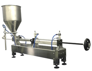 Semiautomatic inline 1 pistons filler machine pneumatic driven with independent adjustment for piston, model Trupiston 1SH, by Acasi Machinery Inc., left and front view..