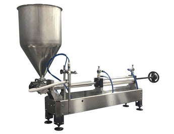 Semiautomatic inline 1 pistons filler machine pneumatic driven with independent adjustment for piston, model Trupiston 1SH, by Acasi Machinery Inc., left and front view.