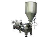 Semiautomatic inline 1 pistons filler machine pneumatic driven with independent adjustment for piston, model Trupiston 1SH, by Acasi Machinery Inc., right and front view..