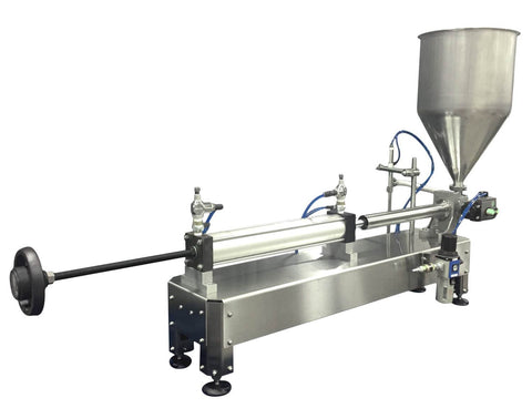 Semiautomatic inline 1 pistons filler machine pneumatic driven with independent adjustment for piston, model Trupiston 1SH, by Acasi Machinery Inc., right and front view.