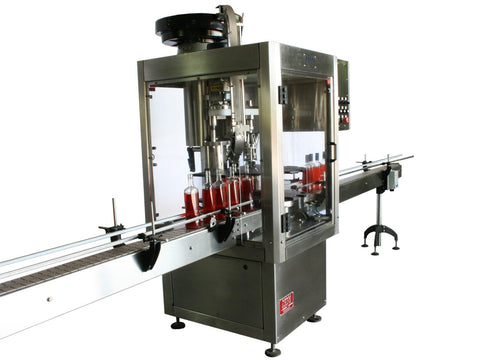 Single head ROPP bottle capper with vibratory feeder, model ROP1-VIB, by Acasi Machinery, Inc., front and left view