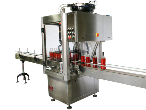 Single head ROPP bottle capper with vibratory feeder; model ROP1-VIB, by Acasi Machinery, Inc., front and right view