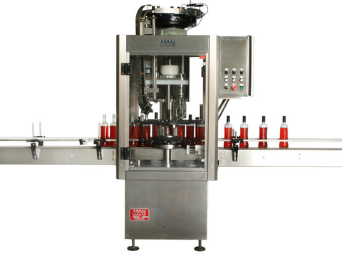 Single head ROPP bottle capper with vibratory feeder, model ROP1-VIB, by Acasi Machinery Inc., front view