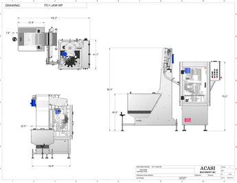 Single head chuck capper with waterfall type cap feeder, model PC1-JAW-WFALL dimensions, by Acasi Machinery Inc.