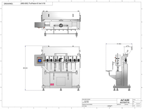 Automatic inline 8 pistons filler machine high-precision, model Trupiston dimensions, by Acasi Machinery Inc.