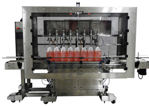 Automatic inline 8 gear pumps filler machine, individual filling volume and speed adjusment for each pump, high viscocity liquid products, model Trupump, by Acasi Machinery Inc., front view.