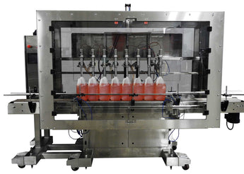 Automatic inline 8 gear pumps filler machine, individual filling volume and speed adjusment for each pump, high viscocity liquid products, model Trupump, by Acasi Machinery Inc., front view.