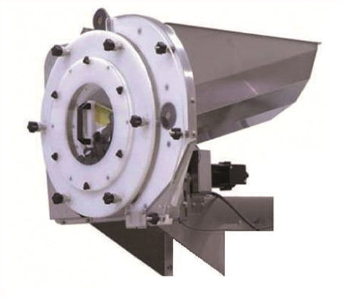 Vertical wheel cap feeder, model CF 7000, by Acasi Machinery Inc., front and right view