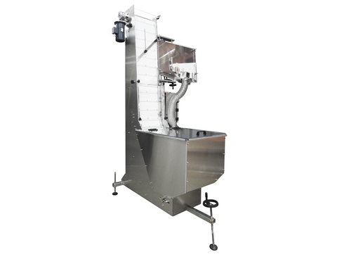 Waterfall cap feeder and sorter with reject option, model 800-000, by Acasi Machinery Inc. front and left view