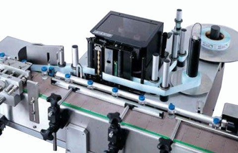Wrap around labeler with print & apply system for round containers, model 342, by Acasi Machinery Inc.